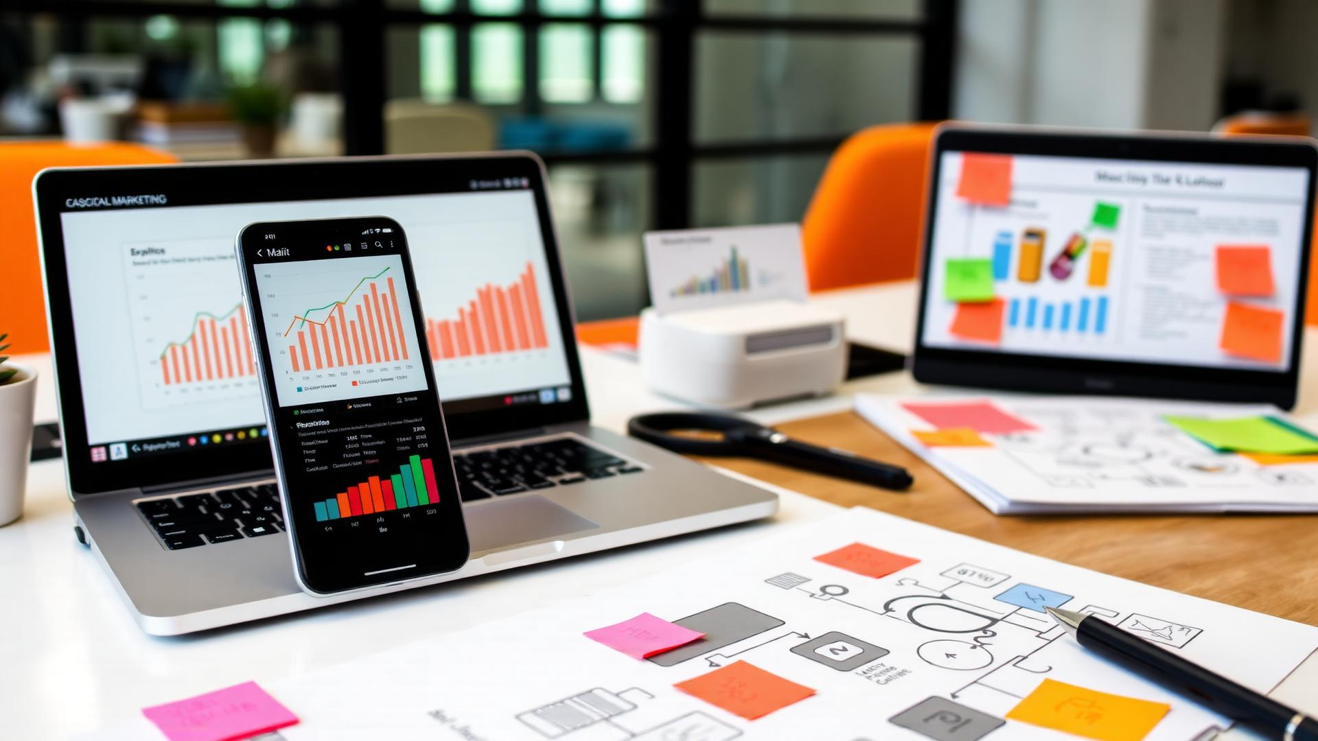 Mesa com celular e notebook exibindo métricas de marketing